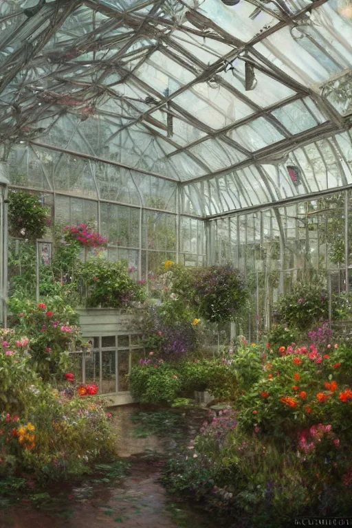 Image similar to a beautiful painting of a greenhouse, rainy, gloomy and depressed, dark, shimmering and prismatic, lumion render, rococo, by krenz cushart and mucha and monet, trending on artstation.