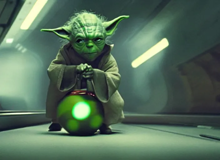 Image similar to film still of yoda uses the force to roll a bowling bowl down a lane in a bowling alley in the new Star Wars movie, 4k