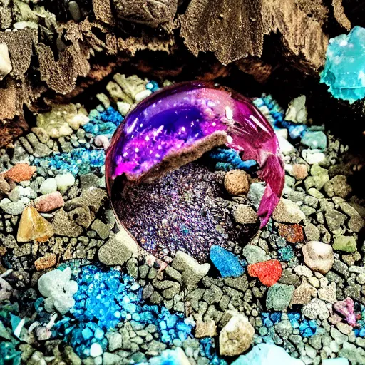 Prompt: photorealistic tiny dinosaur skeleton inside a geode of colored crystals