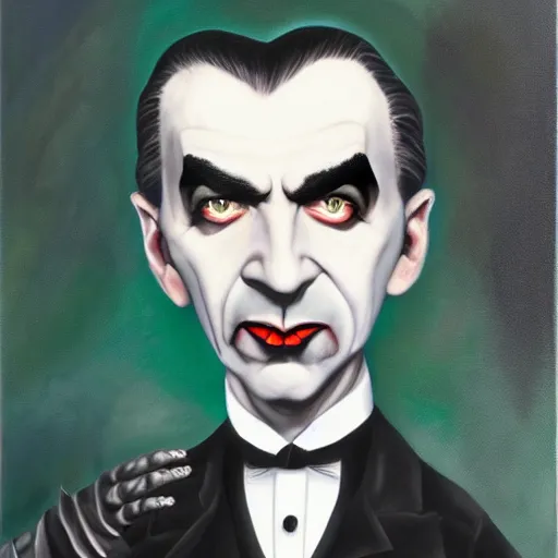 Prompt: an oil painting of Bela Lugosi in the style of Tim burton