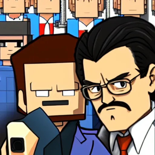 Image similar to photography of phoenix wright doing a selfie with walter white in minecraft, black and white, dark, clear