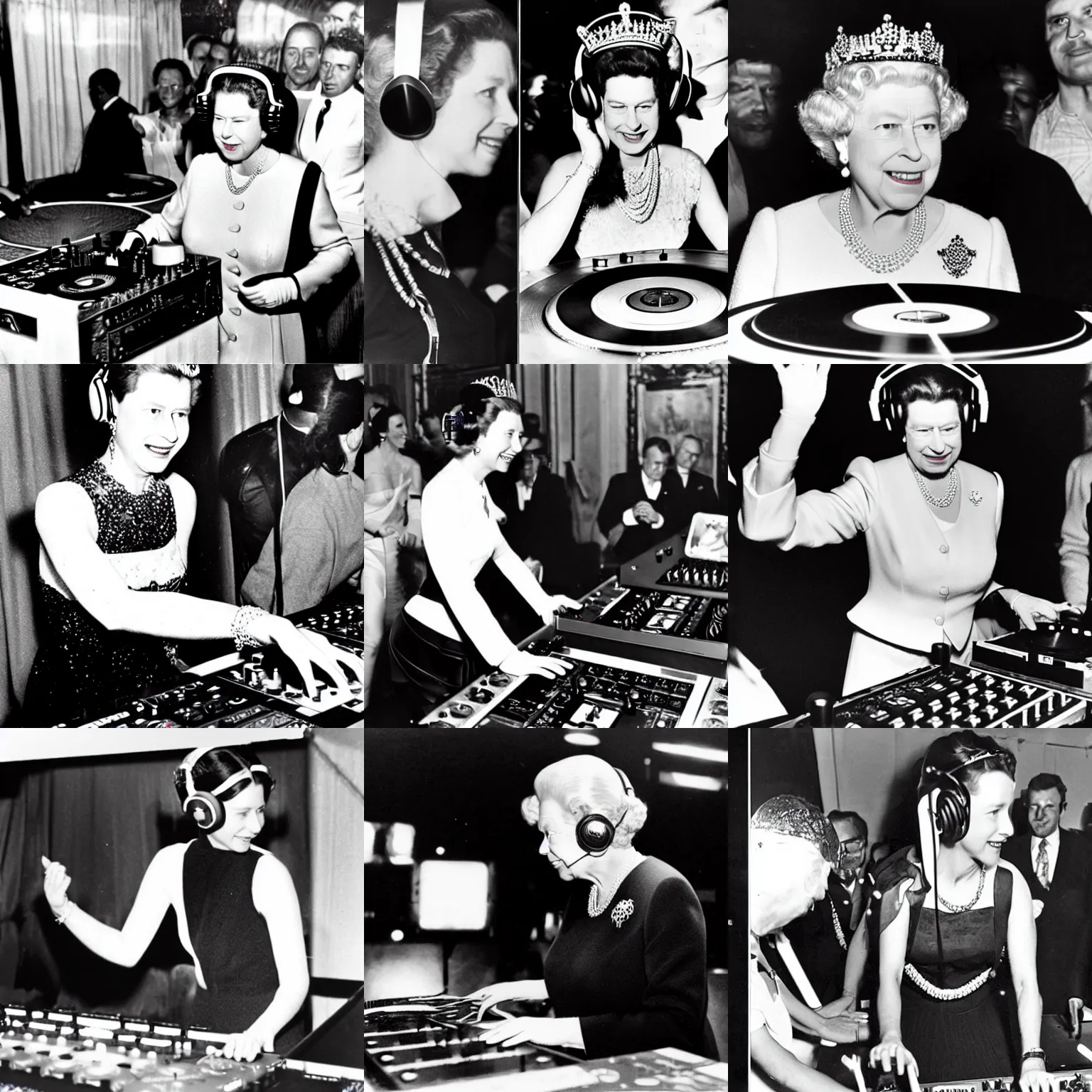 Prompt: queen Elizabeth at a dance club wearing headphones, DJing with DJ turntables, photoreal