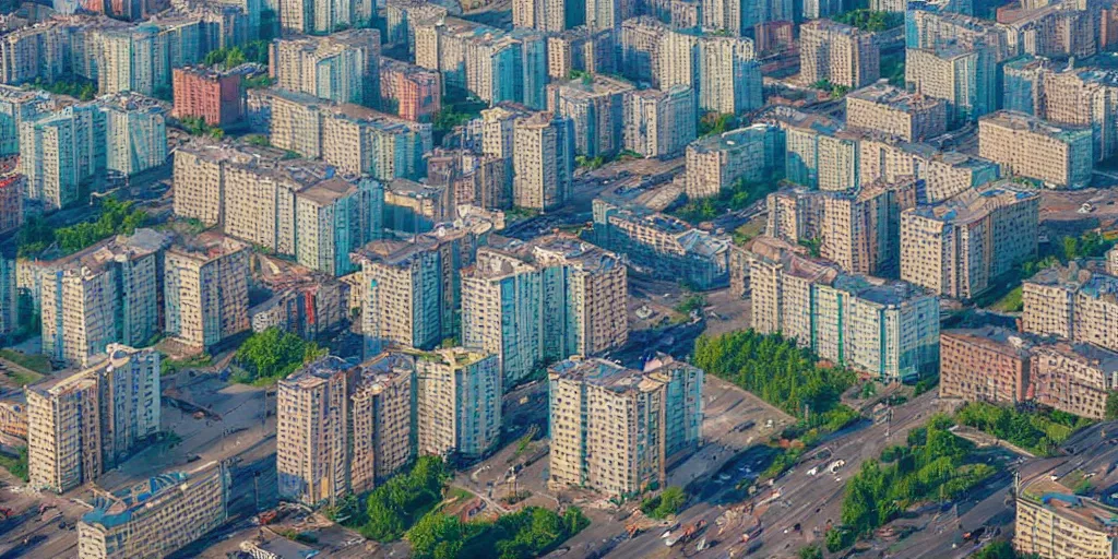 Image similar to bird's eye view photograph of a low income highrise geometric Russian city, apartments, train station, avenues. Square with a statue of leader