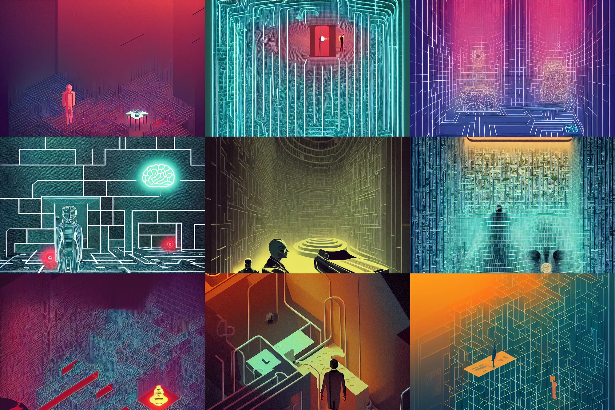 Prompt: ( ( dither ) ), editorial illustration the human brain vs the machine brain, maze interior, modern art deco, ( ( mads berg ) ), christopher balaskas, victo ngai, rich grainy texture, cinematic, dynamic composition, wide angle, matte print, fog, unreal engine, dramatic lighting, film noir