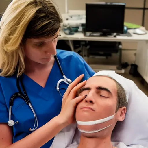 Prompt: a blonde female doctor bandaging a wounded soldier