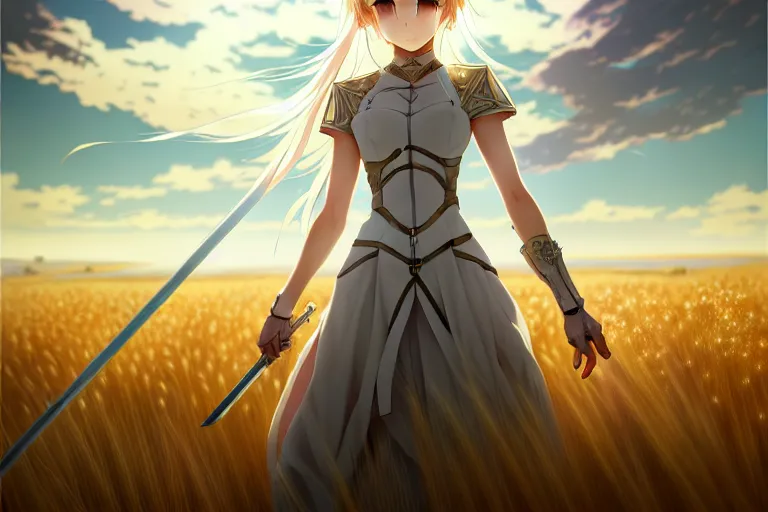 Image similar to wlop's legendary and beautiful anime - style digital painting of saber lily standing in a field of wheat, facing the far - off city to the west, intricate details, ultra realistic, beautiful art, volumetric lighting, by wlop, by art germ, by brom, trending cgsociety, artstation