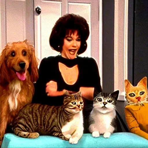 Image similar to a still from the tv series Married with children, actors replaced by cats and dogs, vhs quality