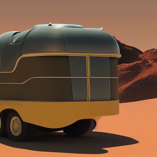 Image similar to a lone retro scifi RV with radio equipment is parked on a desert planet, side-view, redshift render, octane render, unreal engine, but as high contrast photography