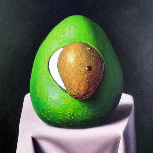 Image similar to A portrait of a humanoid grumpy old avocado wearing a suit, oil painting by Salvador Dali