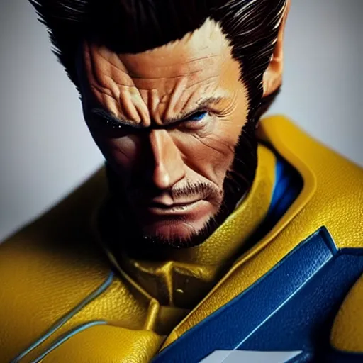 Image similar to clint eastwood as wolverine in blue and yellow costume, octane render, beautiful composition, trending on artstation, award - winning photograph, masterpiece