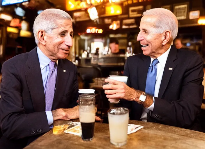 Image similar to Anthony Fauci and Biden having dinner at a Dive bar restaurant, award winning cinematic photography, 50 mm, blurred background, trending on twitter