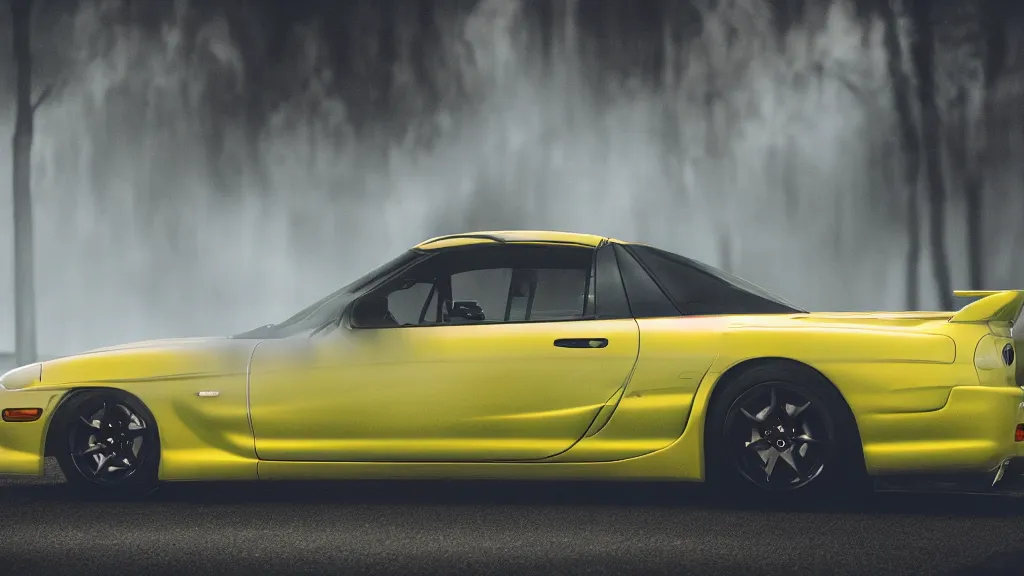 Prompt: a jdm mazda rx - 7 painted yellow, cinematic, long exposure, white balance, 8 k, led, lumen global illumination, fog, ray tracing reflections