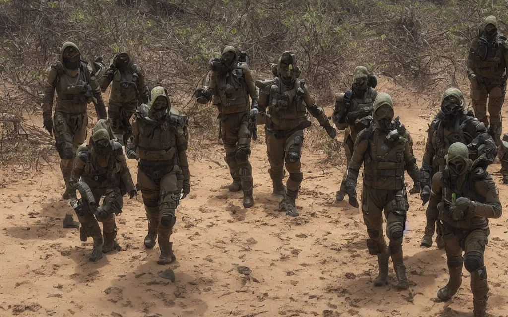 Image similar to a group of five people in dark green tactical gear like death stranding and masks on a rescue mission like the film stargate walk through a sandy desert with distant red mesas ahead of them. They've found a dead body. dusty, mid day, heat shimmering.