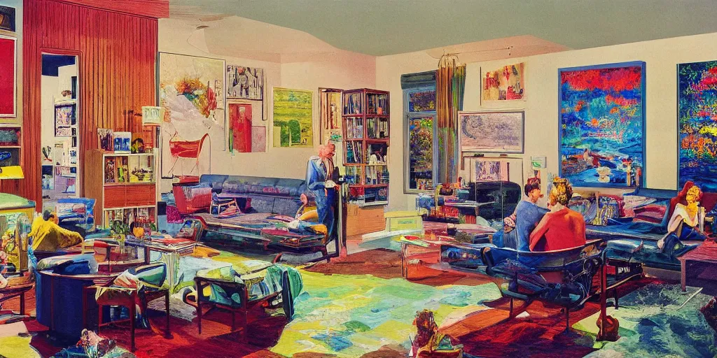 Prompt: detailed sharp photograph in the style of popular science circa 1 9 5 5 and gregory crewdson of a 1 9 5 0 s living room with art by leroy neiman