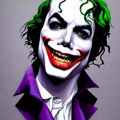 Image similar to michael jackson as the joker laugh on camera. symmetrical anatomy, hyperdetailed, coloured comic, baroque, pop punk art style, fantasy, without duplication, art by artgerm and ilya kuvshinov and vinicius gud and gustavo zambelli, intricate.