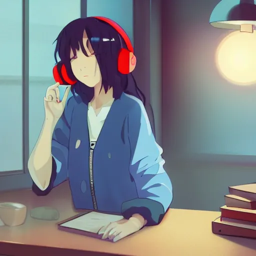 Image similar to lo - fi anime girl, wearing a blue cardigan and red aesthetic lo - fi headphones, studying in a brightly lit room, a lamp hovers above as it illuminates the room, nighttime!!!!!!, cgsociety contest winner, artstation, dim lighting, studio ghibli!!!, 4 k