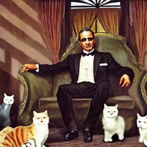 Image similar to the godfather surrounded by cats