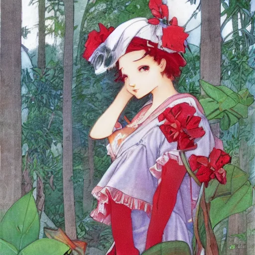 Image similar to a mucha alphonse of reimu in the jungle wearing bonnet