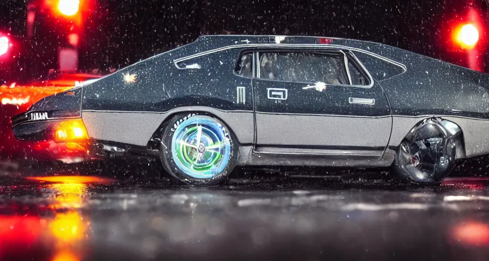 Image similar to close up macro shot of a 1 9 7 3 ford xb falcon gt car on wet city street at night, intricate, hyper detailed, smooth, high contrast, neon, volumetric lighting, octane, moebius, greg rutkowski, blade runner, ripley scott, cindmatic