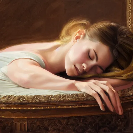 Prompt: portait of elegant and beautiful sleeping girl, with joyful expression, sleep on the mable floor in the gothic castle, oil painting, high qulity realistic, hd, 8 k, art by evan wilson