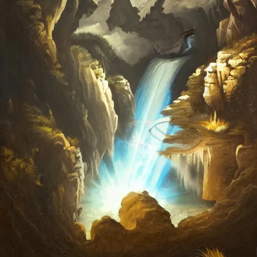 Image similar to oil painting of a dragon flying in the air near a cave with a waterfall in the center, light emanating from the waterfall leading to a big pool of water, dragon has black and white stripes, elegant, sharp focus, wide shot, clear, detailed, early renaissance