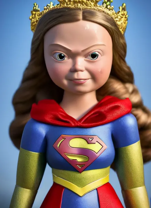Image similar to closeup face profile portrait of a tin toy greta thunberg as supergirl as a fairytale princess wearing a crown, bikini, depth of field, zeiss lens, detailed, fashion photoshoot, by nicoletta ceccoli, mark ryden, lostfish, breathtaking, 8 k resolution, extremely detailed, beautiful, establishing shot, artistic, hyperrealistic, octane render