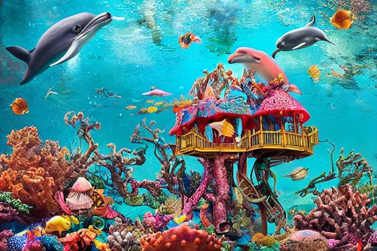 Image similar to an elaborate whimsical treehouse built under the sea, surrounded by colorful coral and dolphins, hyperdetailed photograph