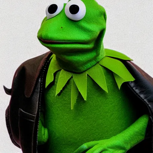 Image similar to portrait of an isolated kermit the frog wearing a leather jacked, zeronis style, full view, masked transparent flat background, popular on artstation, artstationhd, artstationhq 8 k, volumetric lighting, super focused, no blur, trending on artstation, ultra detailed, by artgerm and james gurney, greg rutkowski