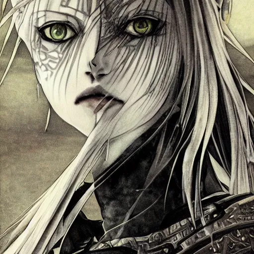 Image similar to Yoshitaka Amano realistic illustration of an anime girl with black eyes, wavy white hair fluttering in the wind and cracks on her face wearing Elden ring armour with engraving, abstract black and white patterns on the background, noisy film grain effect, highly detailed, Renaissance oil painting, weird portrait angle, blurred lost edges, three quarter view