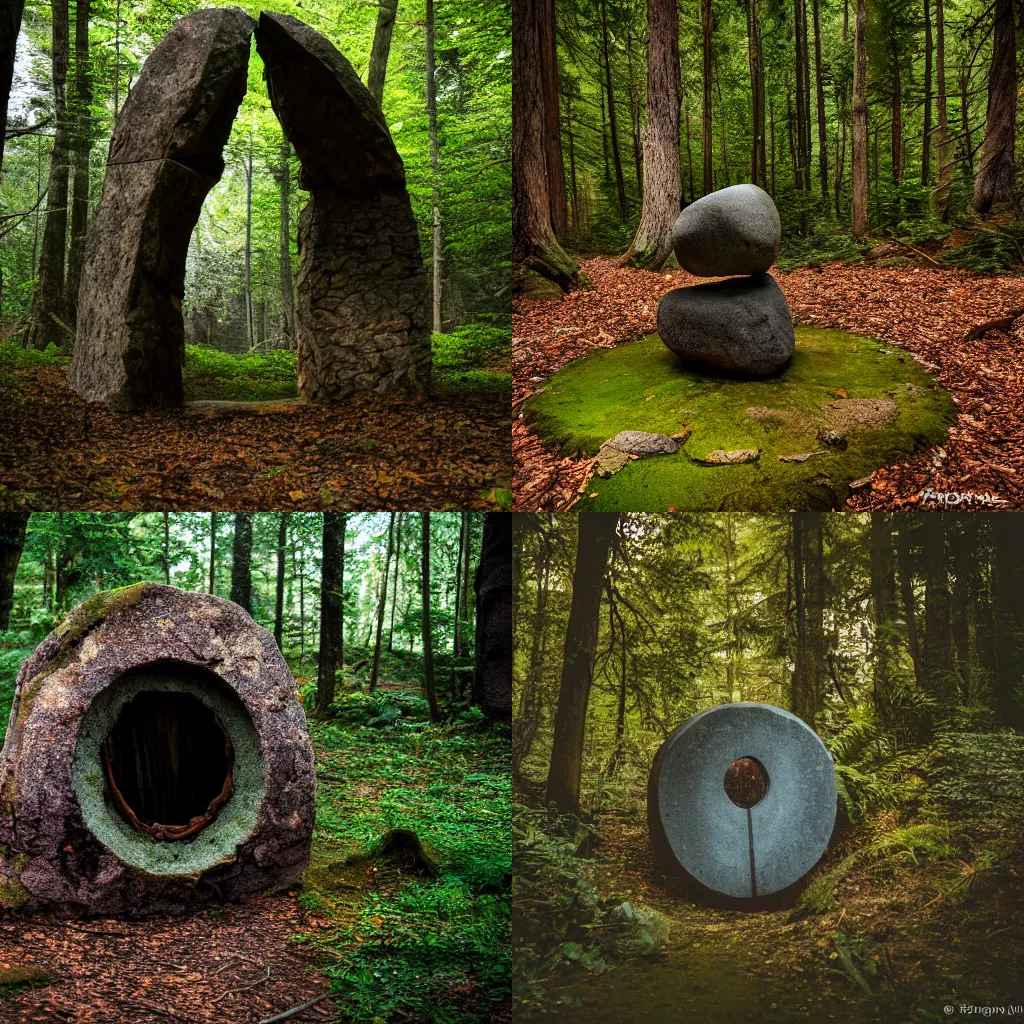 Prompt: Magic stone portal in the forest, Sony a7R