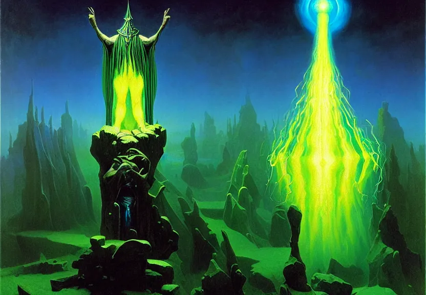 Prompt: the arcane time master by albert bierstadt and gerald brom and zdzisław beksinski and james gilleard, floating metallic objects, blue flames, low light, glowing green crystals