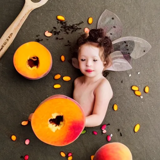 Image similar to beautiful photo of a fairy made of peaches, mangoes and sprinkles, dslr