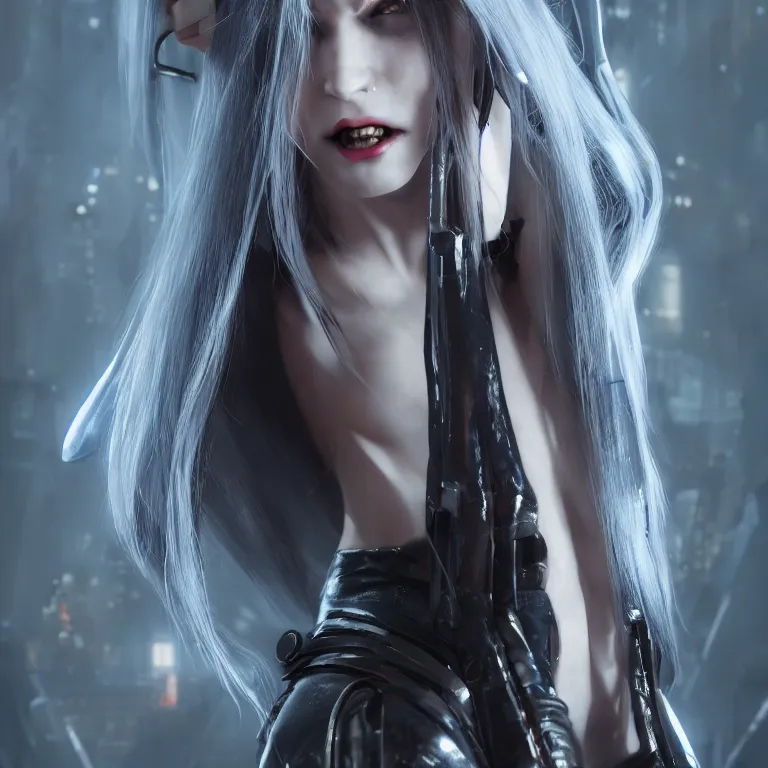 Image similar to cyberpunk female vampire, with brilliant silver flowing hair, concept art by jama jurabaev, cinematic shot, trending on artstation, hybrid from the elden ring and art direction by darius zawadzki ; by artgerm ; wayne reynolds art station ; cinematic quality character render ; low angle ; ultra high quality model ; production quality cinema model