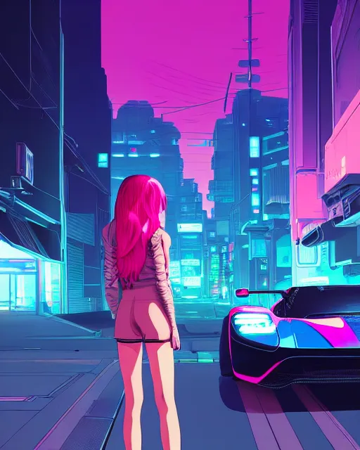 Image similar to digital illustration of cyberpunk pretty girl with pink hair, standing by a blue ford gt in a street at night, under streetlights, by makoto shinkai, ilya kuvshinov, lois van baarle, rossdraws, basquiat