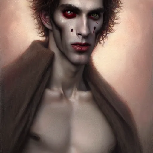 Prompt: attractive twenty first century male vampires beautiful eyes. highly detailed painting by tom bagshaw 8 k