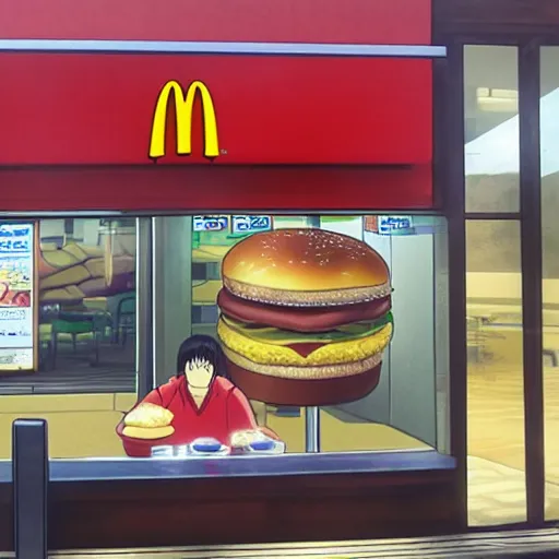 Prompt: Tanjiro Kamado eating at McDonalds; anime