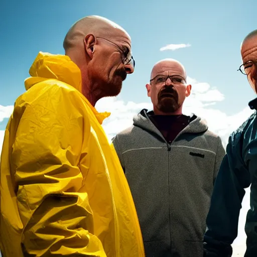 Prompt: A Still from Breaking Bad of Walter White slapping Walter White. Award winning still, shot on a studio grade camera, 4K.