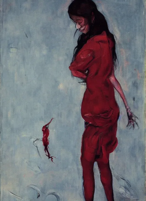 Image similar to a gorgeous asian college girl standing on the knees, frozen cold stare, blood red background, transparent gray skirts, stockings, crows swarming trapped in the void as a symbol of death, in style of surrealism of Francis Bacon painting, Ilya Kuvshinov, John Singer Sargant, Chaim Soutine and Frank Auerbach, American Gothic, 8k, ultradetailed