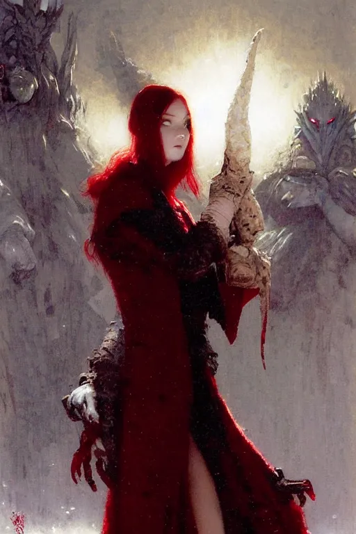 Image similar to beautiful vampire with red eyes and long red hair in a white woolen turtleneck dress, pointing at a small blue godzilla portrait dnd, painting by gaston bussiere, craig mullins, greg rutkowski, yoji shinkawa