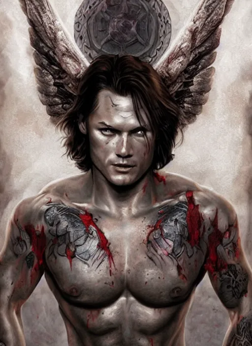 Image similar to Sam Winchester as a muscular angel with religious tattoos on chest and neck, stained and bleeding, magic overlays, magic flames, romance book cover style, D&D illustration style, (octane render) fantasy style, sharp focus, ultra detailed, art by Artgerm and Peter Andrew Jones, Ayami Kojima, Amano and Olivier Ledroit