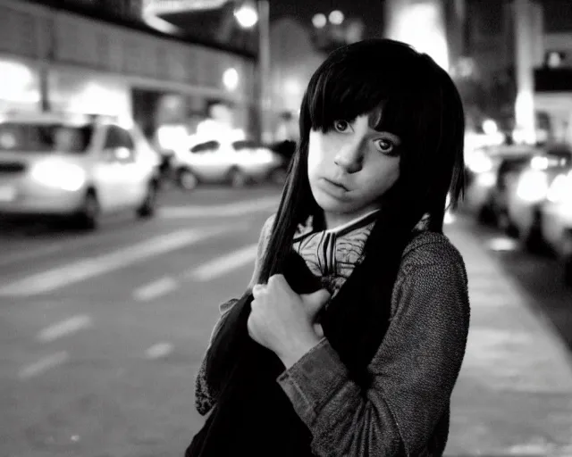 Prompt: an emo girl at a british shopping precinct at night, 2006, amateur