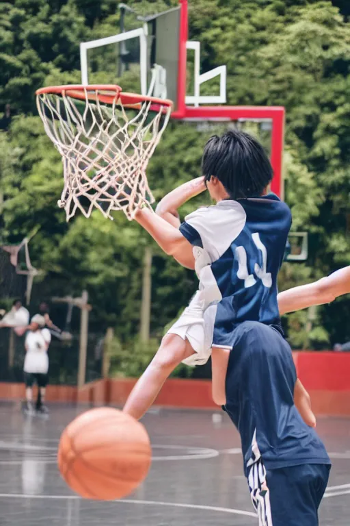 Prompt: Photo of a young pregnant Japanese man playing basketball