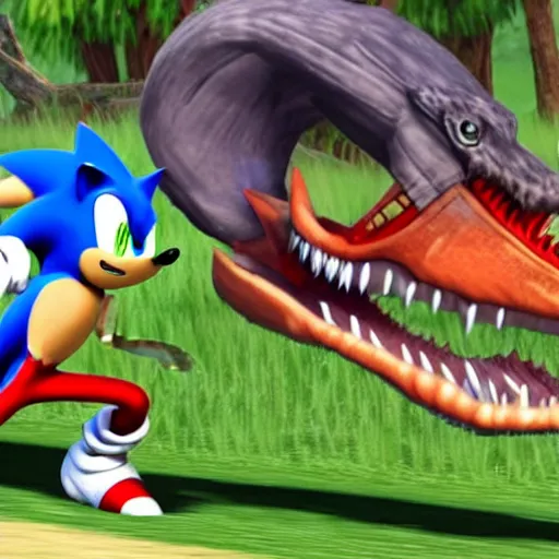 Image similar to Sonic fighting a velociraptor in super smash bros