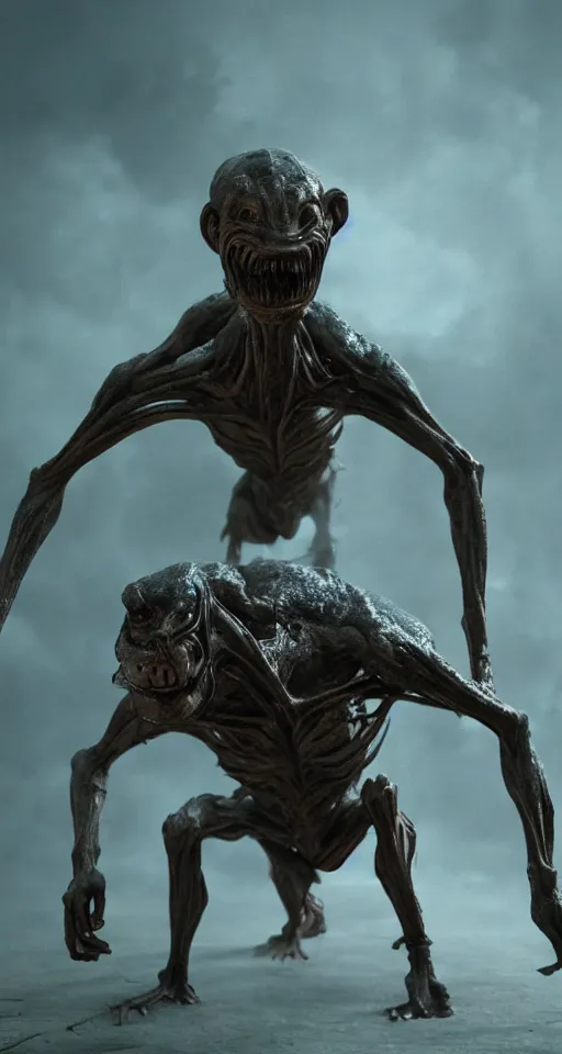 Image similar to still from a horror movie of grotesque alien lunging towards the camera, highly detailed, horror movie scene, unreal engine, octane render, natural light outside