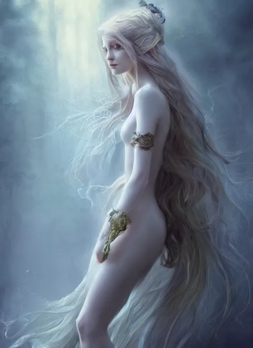 Image similar to pale, beautiful fairy spirit with long hair, fantasy, elegant, concept art, sharp focus, beautiful face!!, digital art, Hyper-realistic, 4K, Unreal Engine, Highly Detailed, HD, Dramatic Lighting, Beautiful, by Brom, trending on Artstation