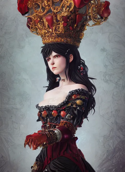 Prompt: queen of hearts, black clover, naturel, hyper detailed, digital art, trending in artstation, cinematic lighting, studio quality, smooth render, unreal engine 5 rendered, octane rendered, art style by klimt and nixeu and ian sprigger and wlop and krenz cushart