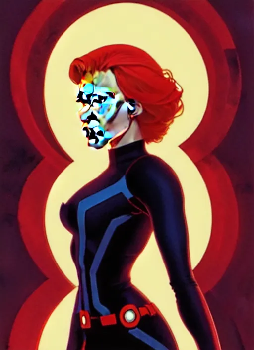 Image similar to rafeal albuquerque comic art, joshua middleton comic art, cinematics lighting, night time, pretty scarlett johansson black widow, big smirk, symmetrical face, symmetrical eyes, long red hair, full symmetrical body, flying in the air, jumping off rooftop