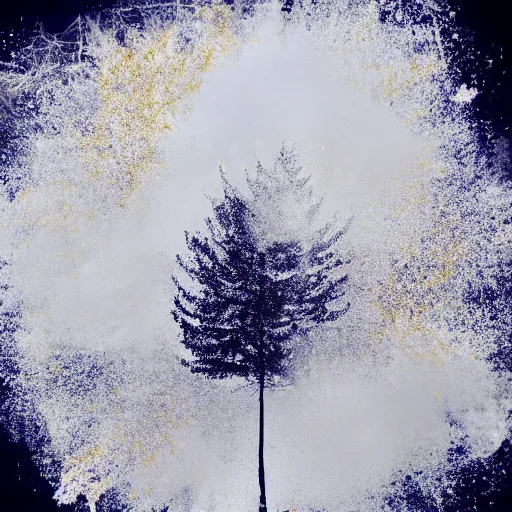 Prompt: white and gold powder splash smoke made of perfect circle with a tree inside, light background, 3d, texture