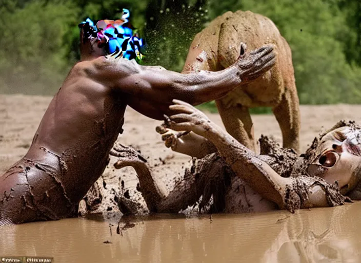 Prompt: she - hulk mud wrestling a mountain lion, movie still, from the movie clan of the cave bear, 8 k, realistic