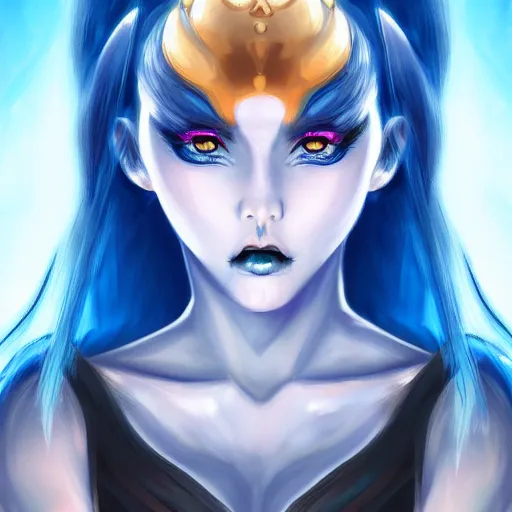 Image similar to portrait of demon queen with blue horns, anime girl, digital painting, devian art, trending on artstation, hd, 4 k